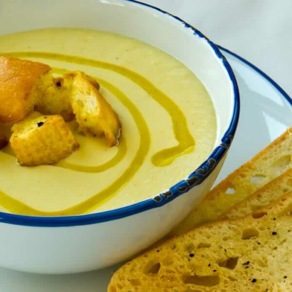 Creamy Cauliflower Leek Soup With Curried Mustard Croutons