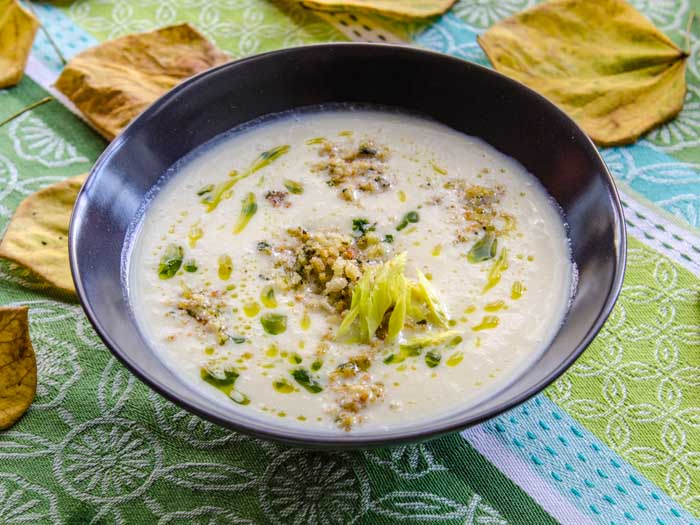 Triple Celery Soup with Parmesan, Parsley & Garlic Croutons & Parsley Oil